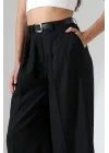 Kadın Pileli Kemerli Siyah Palazzo Pantolon