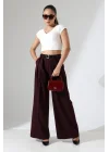 Kadın Pileli Kemerli Mürdüm Palazzo Pantolon