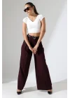 Kadın Pileli Kemerli Mürdüm Palazzo Pantolon