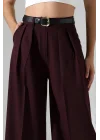 Kadın Pileli Kemerli Mürdüm Palazzo Pantolon