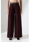 Kadın Pileli Kemerli Mürdüm Palazzo Pantolon