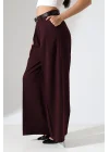 Kadın Pileli Kemerli Mürdüm Palazzo Pantolon
