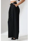 Kadın Pileli Kemerli Siyah Palazzo Pantolon