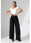 Kadın Pileli Kemerli Siyah Palazzo Pantolon