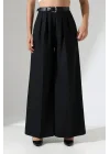 Kadın Pileli Kemerli Siyah Palazzo Pantolon