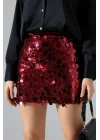 Kadın Pul Payet Şortlu Bordo Mini Etek