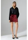 Kadın Pul Payet Şortlu Bordo Mini Etek