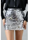 Kadın Pul Payet Şortlu Gümüş Mini Etek