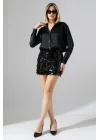 Kadın Pul Payet Şortlu Siyah Mini Etek