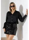 Kadın Pul Payet Şortlu Siyah Mini Etek