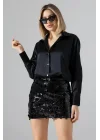 Kadın Pul Payet Şortlu Siyah Mini Etek