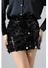 Kadın Pul Payet Şortlu Siyah Mini Etek