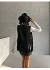 Kadın Püsküllü Siyah Süet Yelek