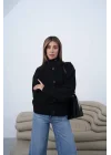 Kadın Siyah Örgü Triko Düğmeli Hırka