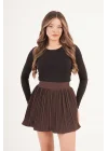 Kadın Şortlu Beli Lastikli Pileli Kahve Mini Etek