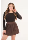 Kadın Şortlu Beli Lastikli Pileli Kahve Mini Etek