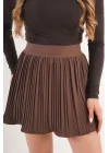 Kadın Şortlu Beli Lastikli Pileli Kahve Mini Etek
