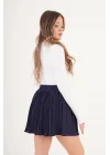 Kadın Şortlu Beli Lastikli Pileli Lacivert Mini Etek