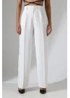 Kadın Yüksek Bel Pileli Beyaz Palazzo Pantolon
