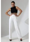 Kadın Yüksek Bel Pileli Beyaz Palazzo Pantolon