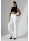 Kadın Yüksek Bel Pileli Beyaz Palazzo Pantolon