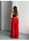 Kadın Yüksek Bel Pileli Bol Paça Kırmızı Pantolon