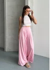 Kadın Yüksek Bel Pileli Bol Paça Pudra Pembe Pantolon