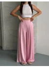 Kadın Yüksek Bel Pileli Bol Paça Pudra Pembe Pantolon