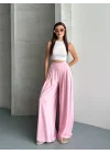 Kadın Yüksek Bel Pileli Bol Paça Pudra Pembe Pantolon