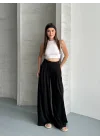 Kadın Yüksek Bel Pileli Bol Paça Siyah Pantolon