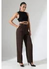 Kadın Yüksek Bel Pileli Kahve Palazzo Pantolon