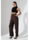 Kadın Yüksek Bel Pileli Kahve Palazzo Pantolon