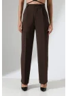 Kadın Yüksek Bel Pileli Kahve Palazzo Pantolon