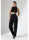 Kadın Yüksek Bel Pileli Siyah Palazzo Pantolon