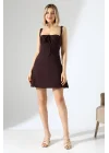 Mini Drapeli Aerobin Astarlı Kahverengi Elbise