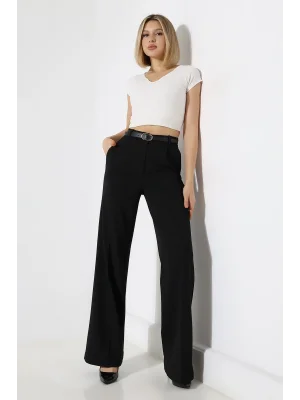 Kadın Deri Kemerli Pliseli Bol Paça Palazzo Pantolon