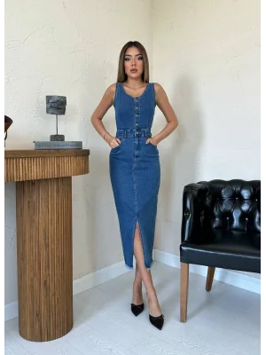 Kadın Likralı Düğmeli Askılı Kot Elbise