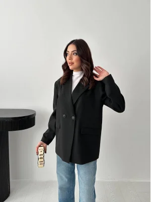 Kadın Kruvaze Oversize Siyah Blazer Ceket