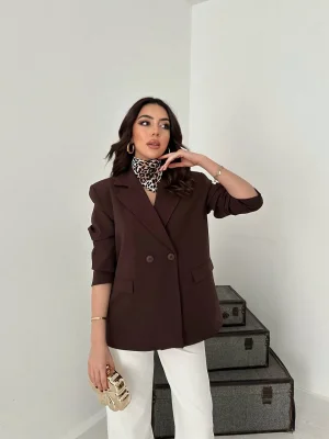 Kadın Kruvaze Oversize Kahverengi Blazer Ceket