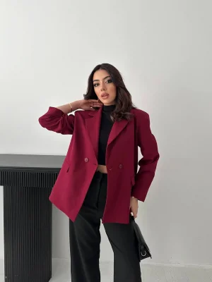 Kadın Kruvaze Oversize Mürdüm Blazer Ceket