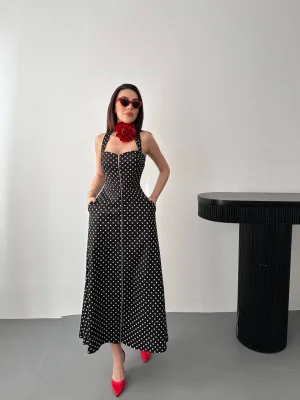 Kadın Puantiyeli Fermuar Detaylı Siyah Elbise