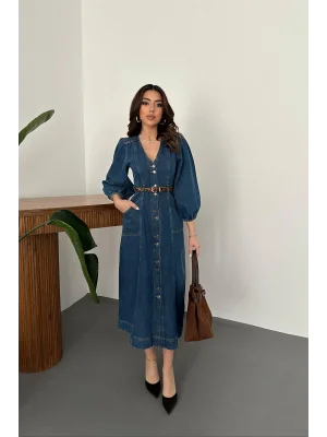 Kadın V Yaka Balon Kol Düğmeli Denim Elbise