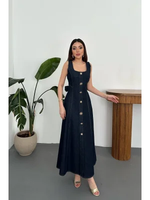 Kadın Koyu Mavi Süs Dügmeli Kuşaklı Kot Elbise