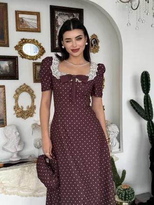 Kadın Puantiyeli Atlas Kumaş Dantel Yakalı Retro Kahve Uzun Elbise