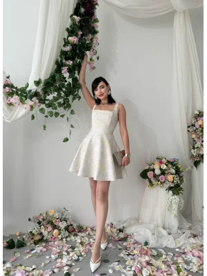 Poles Kare Yaka Jakarlı Prenses Model Sarı Mini Elbise