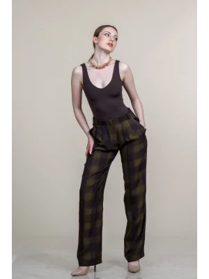 Kadın Haki Ekose Desenli Düşük Bel Bol Paça Palazzo Pantolon