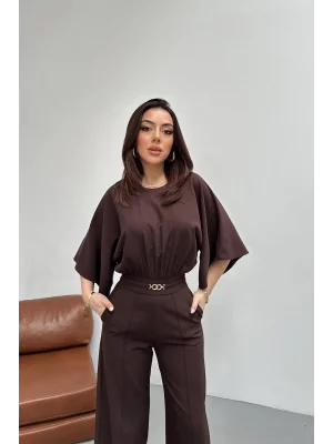 Kadın Bel Büzgülü Kemerı Aksesuarlı Kahverengi Yarasa Kol Tulum