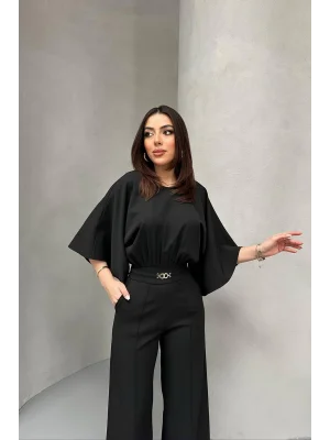 Kadın Bel Büzgülü Kemerı Aksesuarlı Siyah Yarasa Kol Tulum