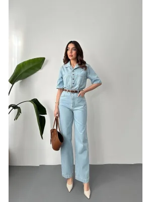 Kadın Açık Mavi Kısa Kollu Denim Tulum