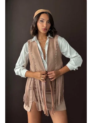 Kadın Püsküllü Vizon Süet Yelek